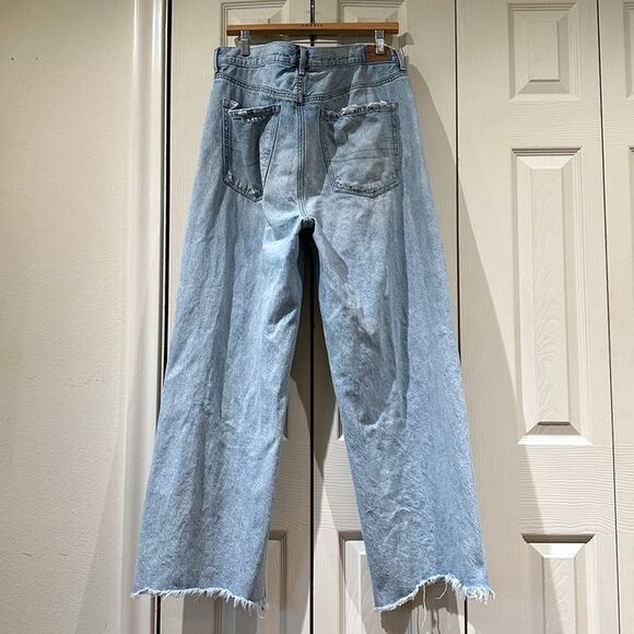 AE Skater Jeans Drapey Rigid Baggy Wide Leg Distressed Light Wash Raw Hem 16 - Picture 6 of 12